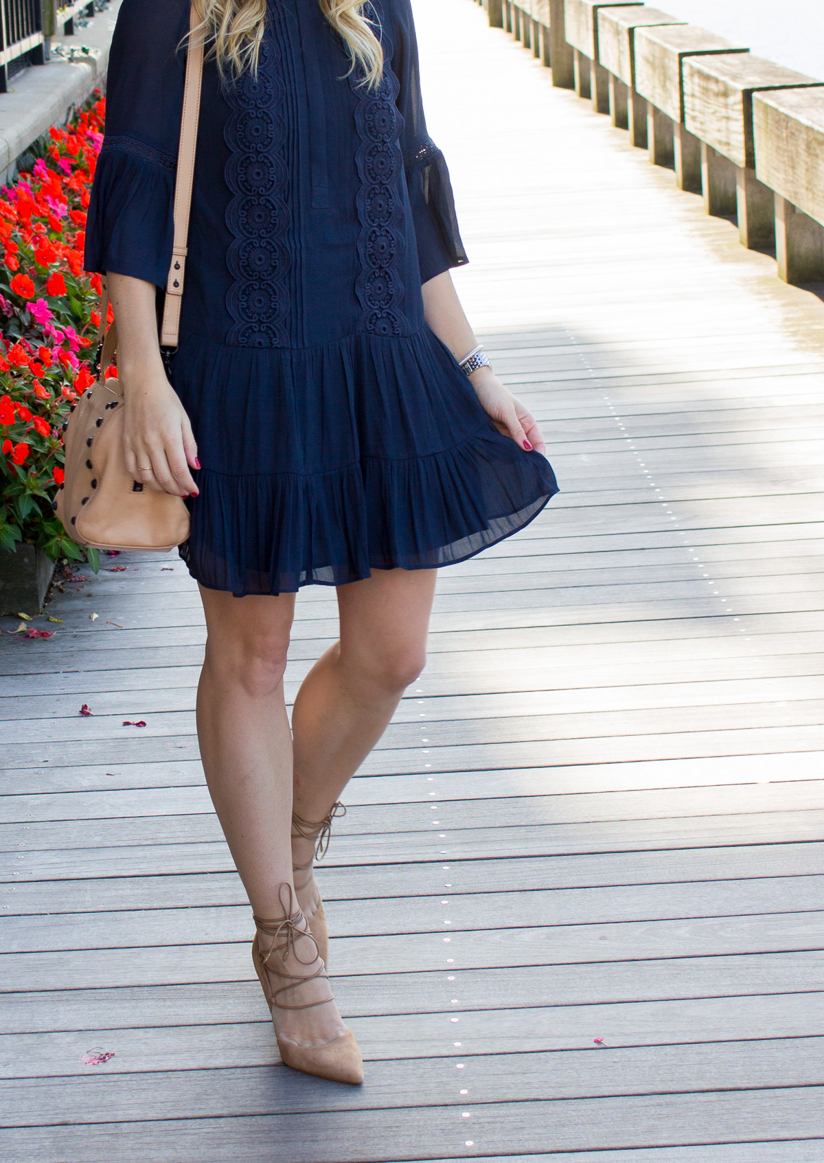 Navy Flounce Dress and Lace Up Heels