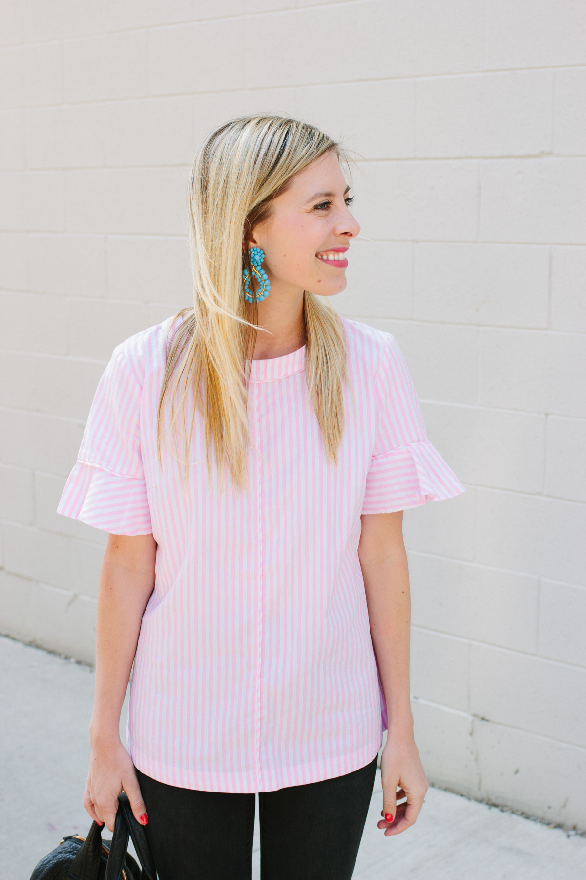 Stripe and Ruffle Top with Statement Earrings