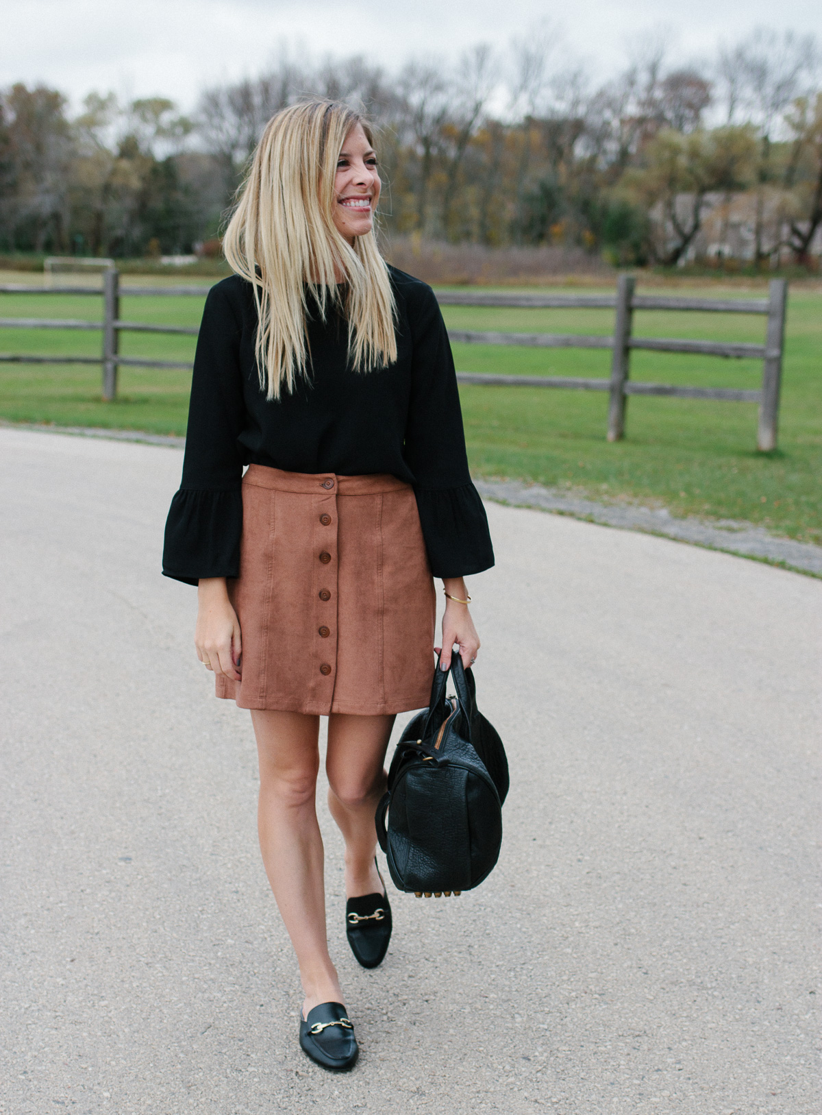 Suede Skirt and Black Loafers