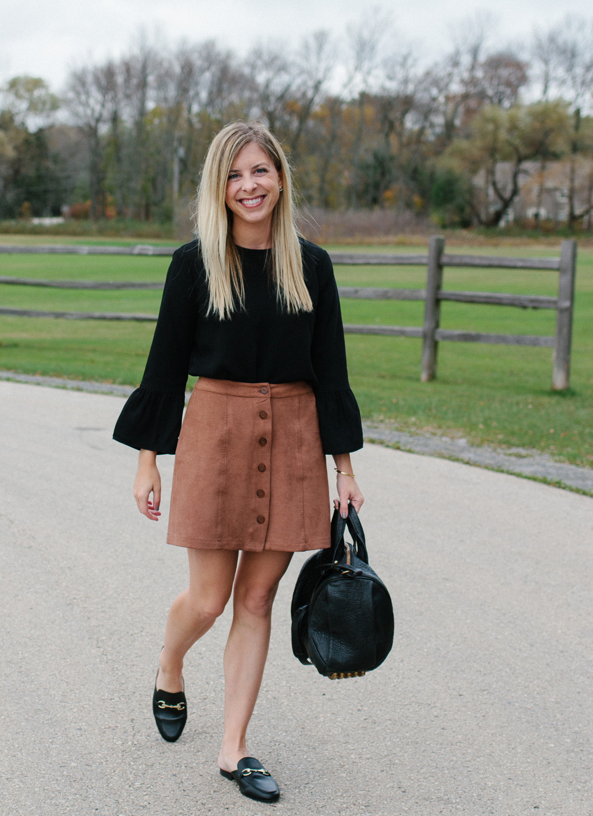 Suede Skirt and Black Loafers